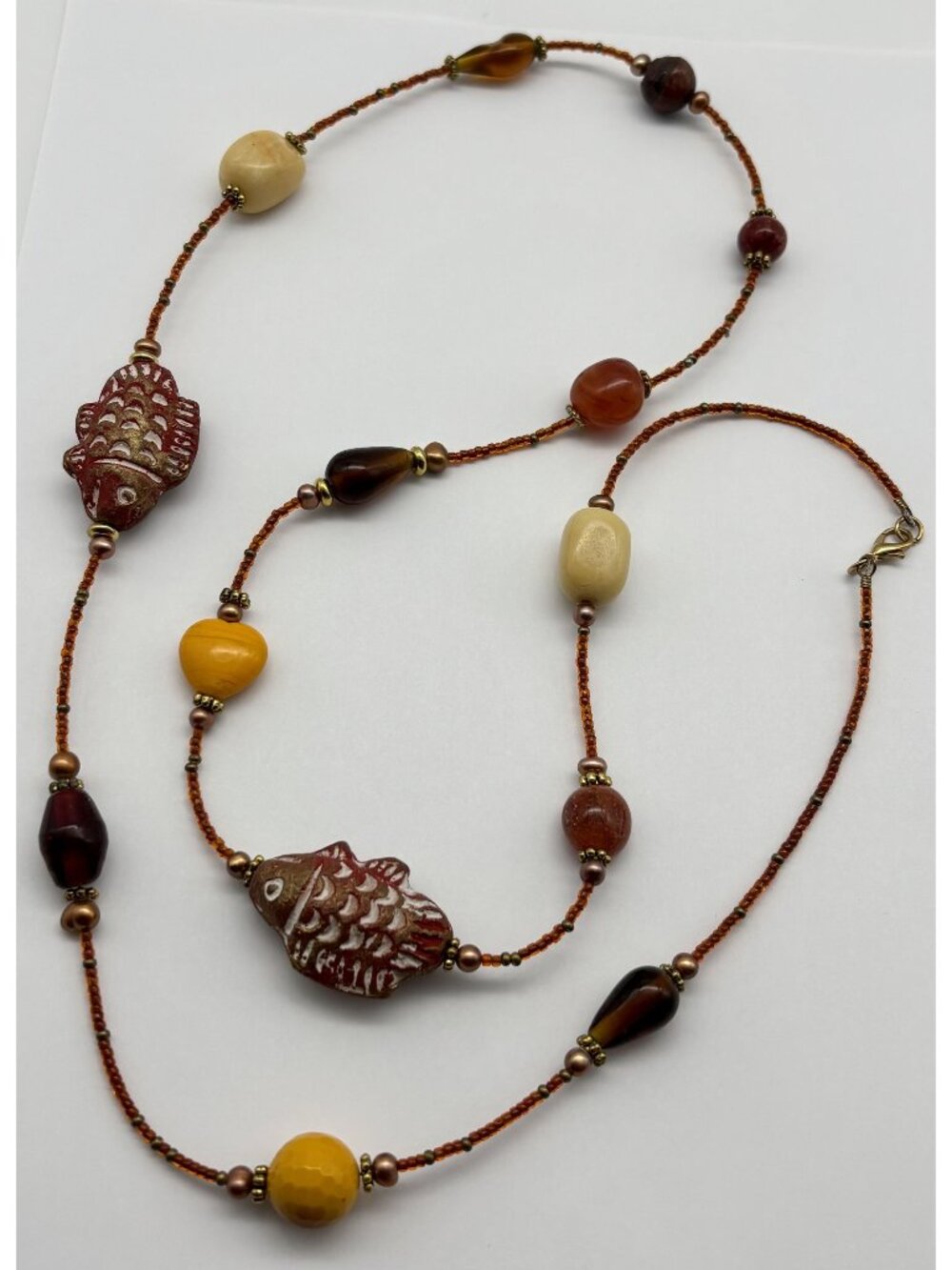 Handcrafted Ceramic Fish Beaded Necklace With Amber & Yellow Accent Beads 38.5"L